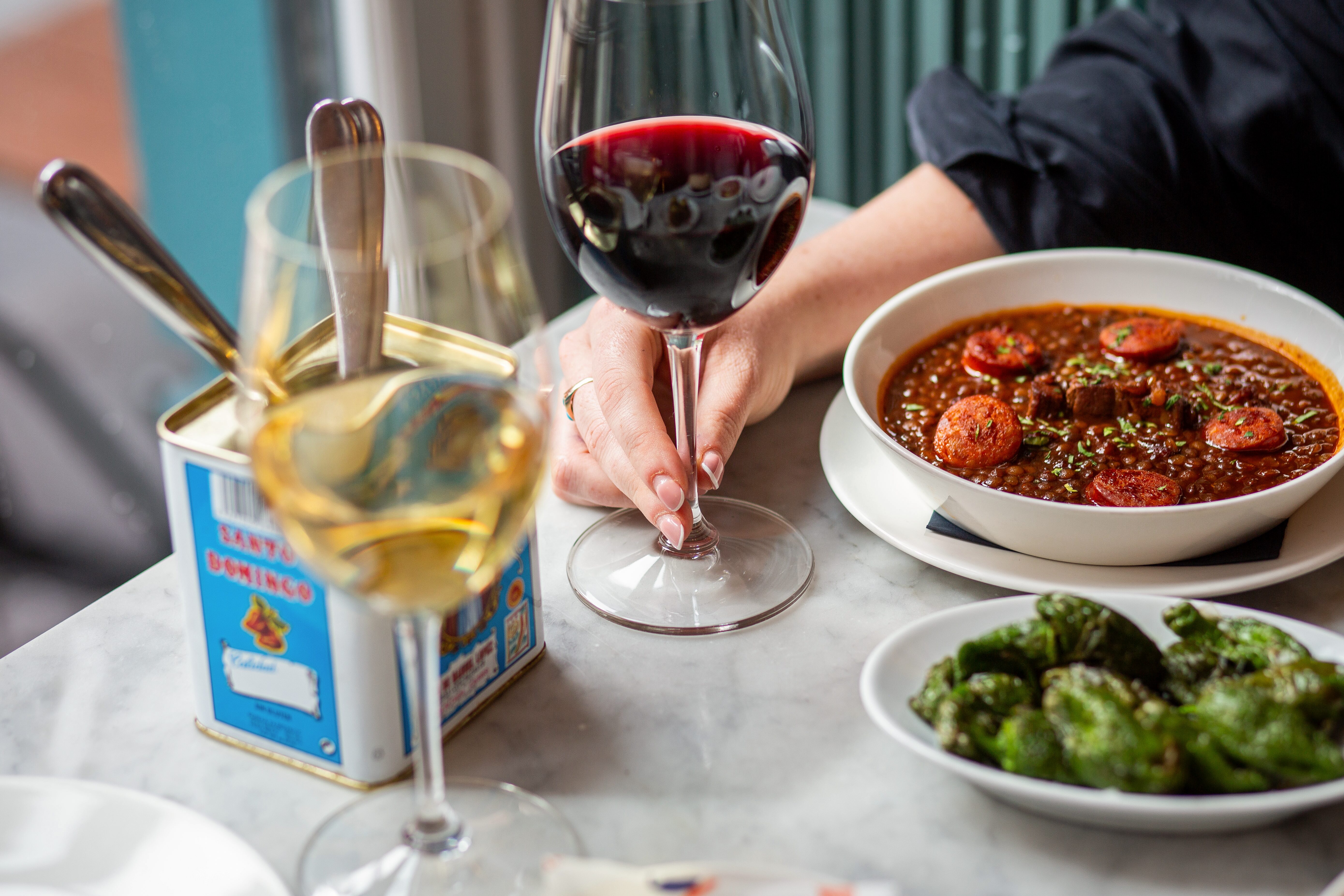House wines with lentejas & padron peppers